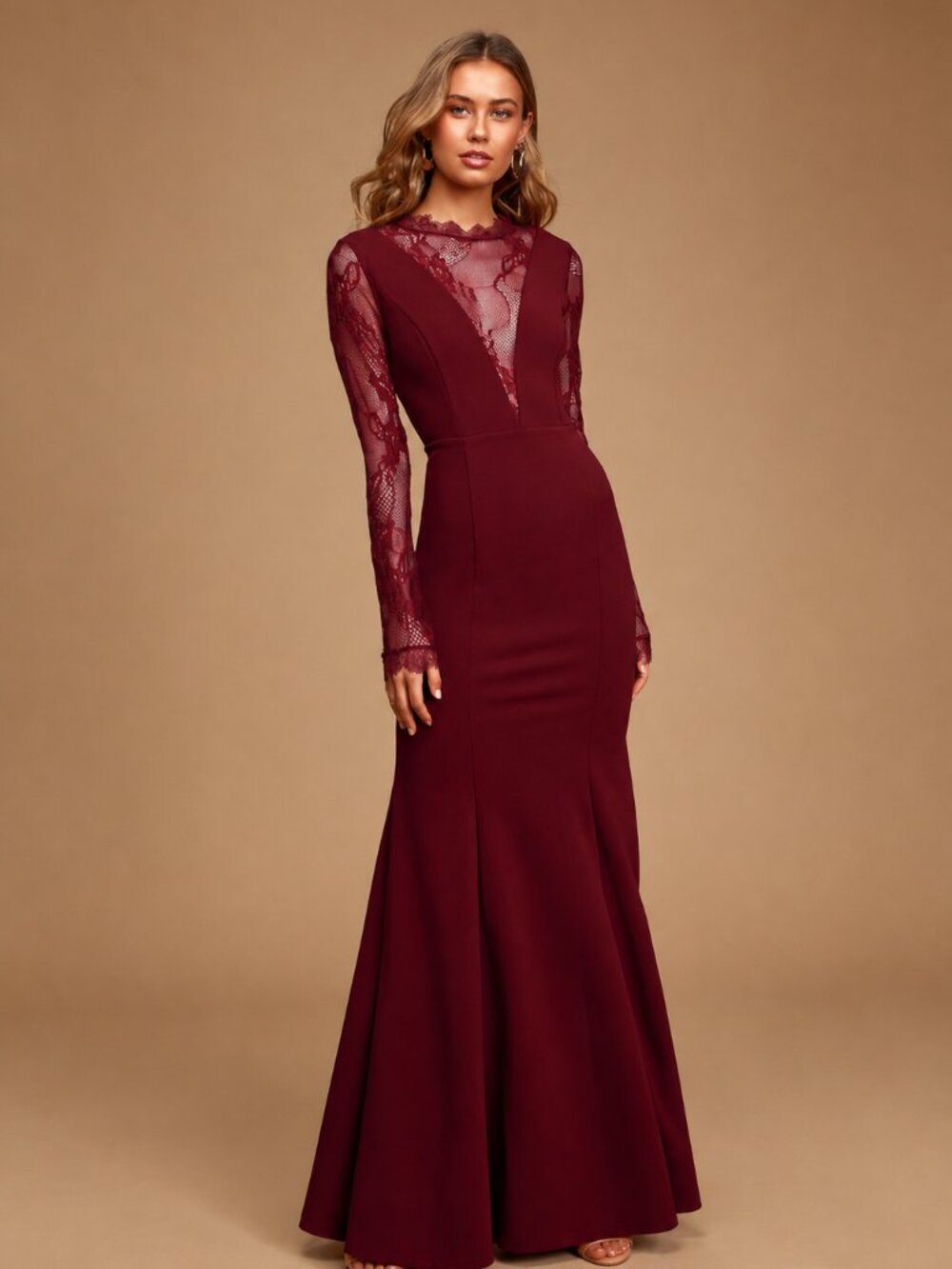 Lulus Lovely Ever After Burgundy Lace Long Sleeve Mermaid Maxi Dress Women's XS